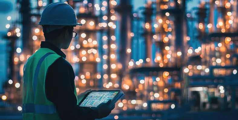 worker using technology to monitor oil and gas plant 