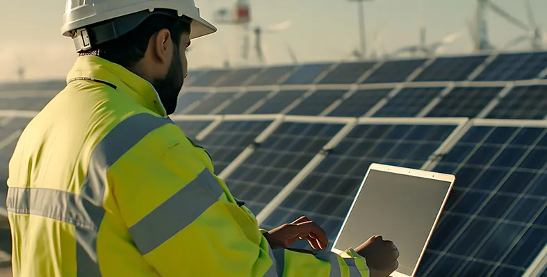 The industry must continue to take a proactive and agile approach to talent readiness. (Image source: Adobe Stock) engineer_next_to_solar_panels_and_wind_turbines
