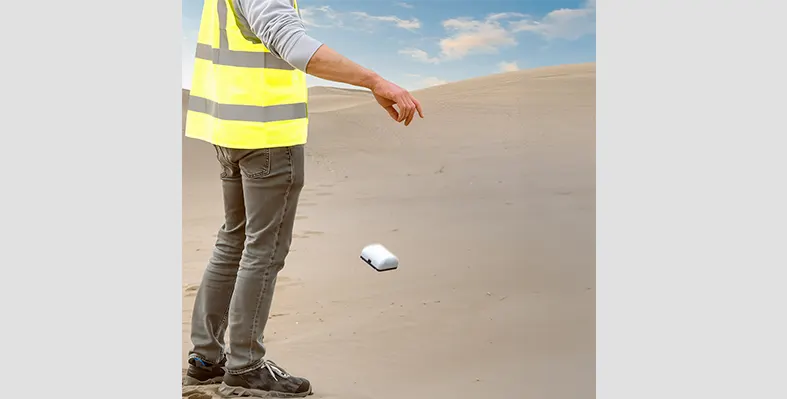 The onshore drop node solution will set a new standard for land seismic data acquisition. (Image source: Viridien) Man_using_Sercel_Accel_onshore_drop_node_solution