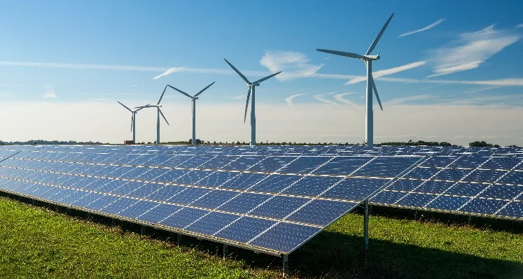 Picture of solar panels and wind turbines