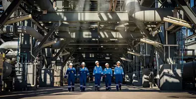 Five men in a row with blue overalls and white hard hats