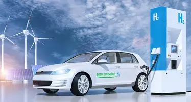  Car filling up with hydrogen with wind turbines in the background 