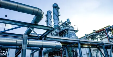 Pipes and towers in a refinery