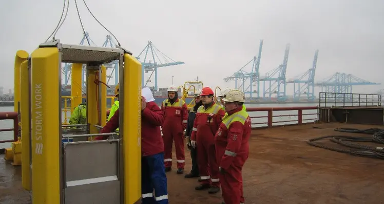 Picture of offshore workers and safety workbasket 